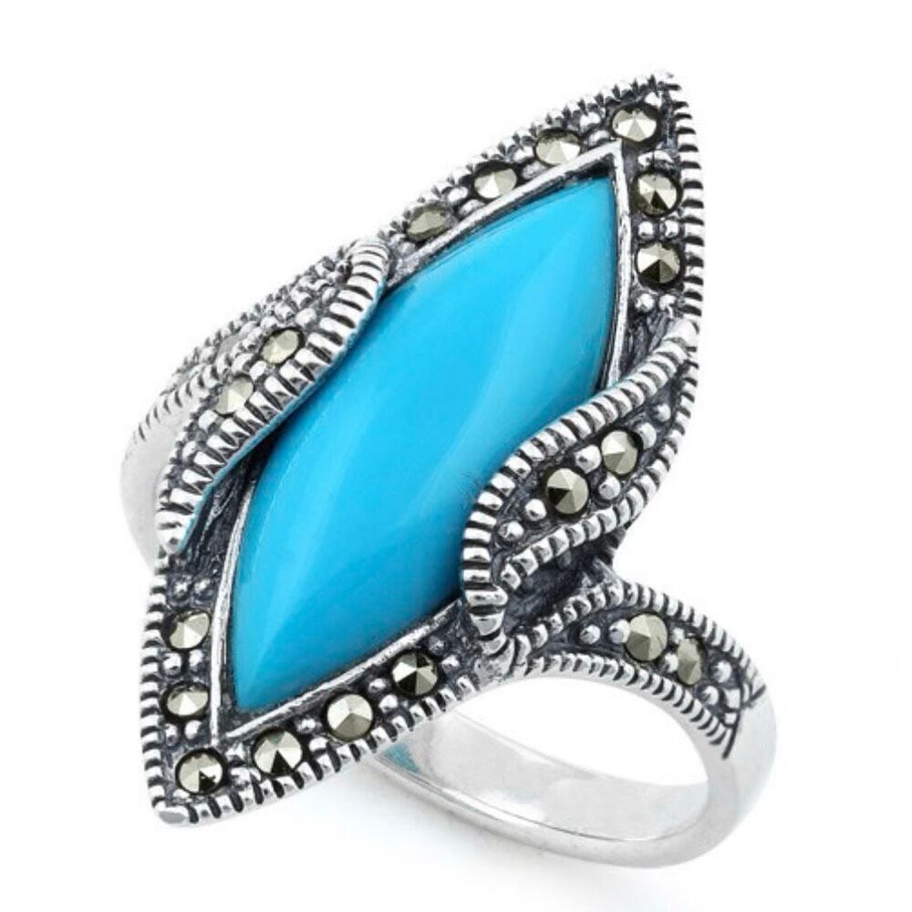 NWT Simulated Turquoise & Marcasite Marquise Cocktail Ring in Sterling Silver 9